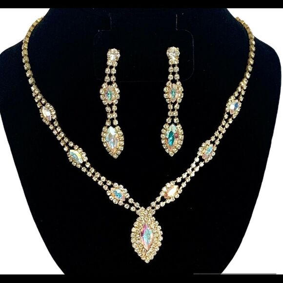 GOLD tone Arora borealis rhinestone necklace earring set wedding prom bridesmaid - Picture 1 of 9